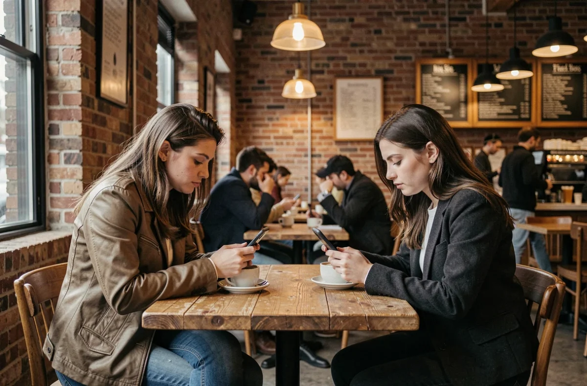 Couple de jeunes adultes assis dans un café, chacun regardant son téléphone, illustrant la distance émotionnelle à l'ère numérique