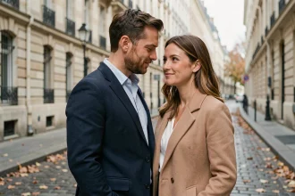 Couple élégant partageant un moment intime dans une rue parisienne aux facades haussmaniennes en automne