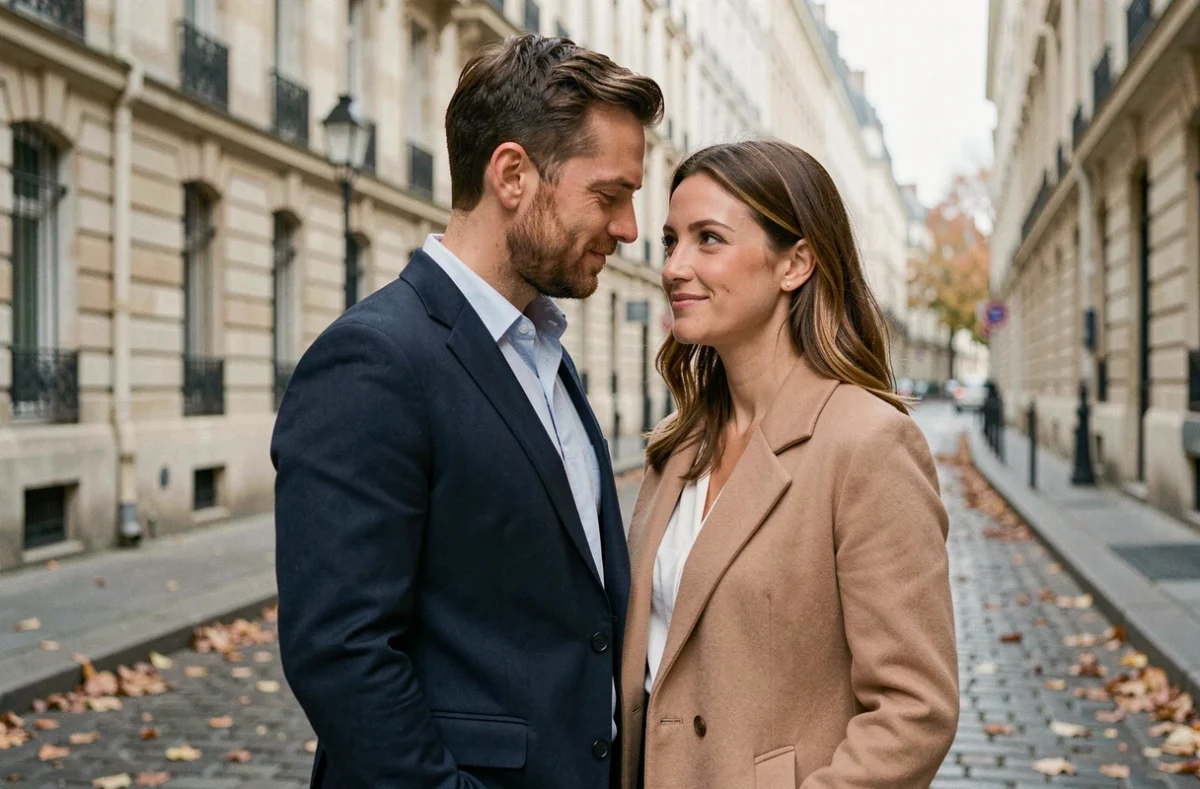 Couple élégant partageant un moment intime dans une rue parisienne aux facades haussmaniennes en automne