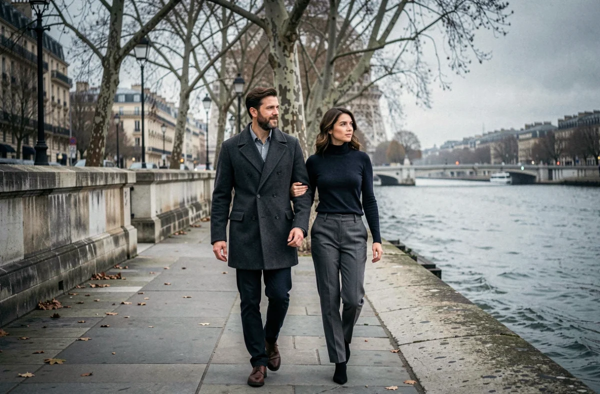 Couple français marchant discrètement le long des quais de la Seine en automne dans une atmosphère intimiste