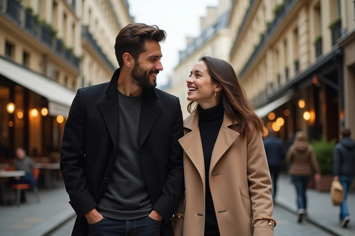 Jeune couple élégant se promenant en riant dans une rue parisienne typique