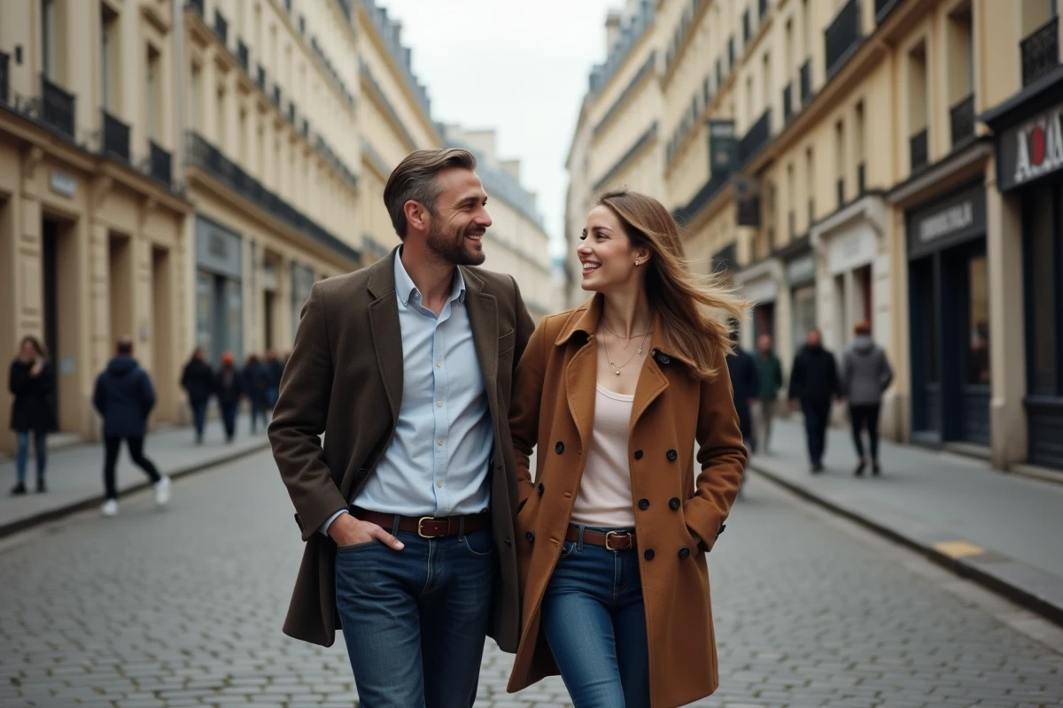 Couple complice se promenant sur une rue pavée parisienne en tenue décontractée chic, atmosphère de vie privée et de complicité amoureuse