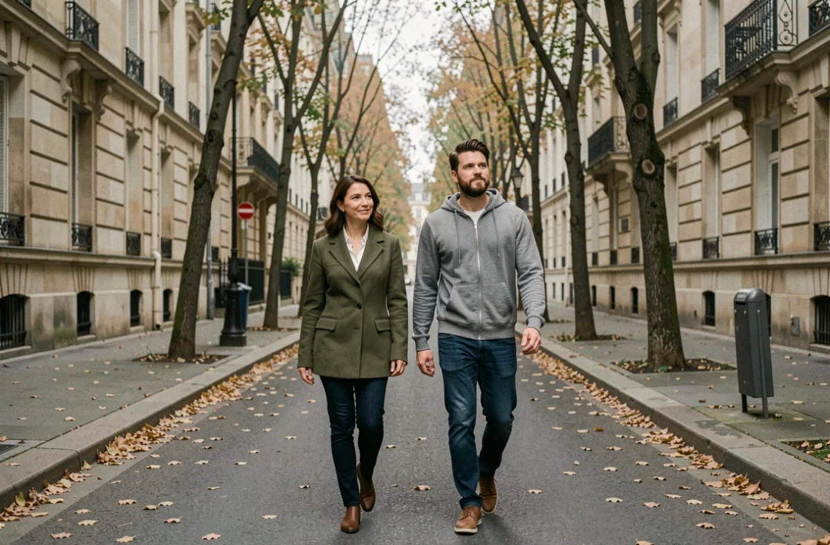 Couple marchant dans une rue parisienne, évoquant la curiosité du public pour la vie personnelle des artistes célèbres