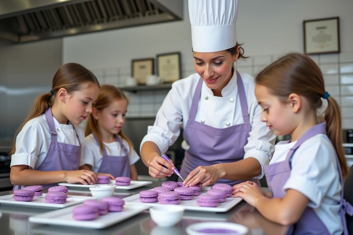 Cheffe pâtissière animant un atelier macarons à la violette avec des enfants à Toulouse
