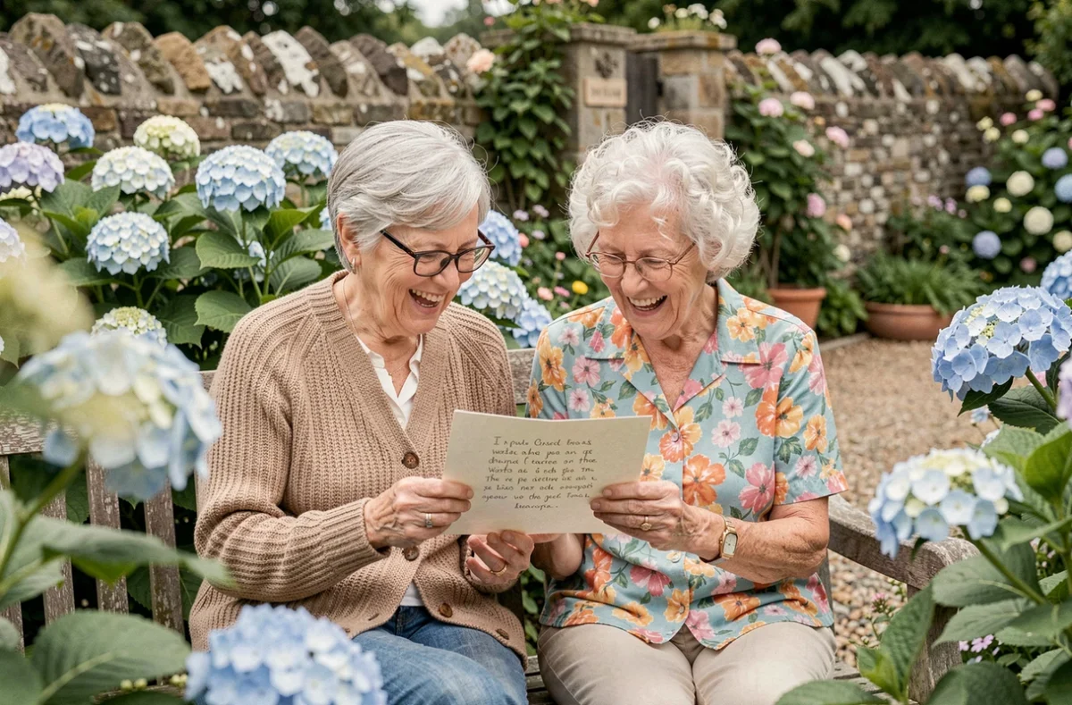 Deux grand-mères complices lisant un poème drôle ensemble dans un jardin fleuri lors de la fête des grands-mères