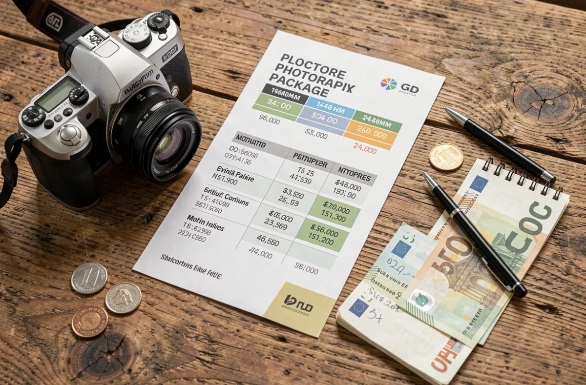 Vue de dessus d'un devis de photographe avec appareil photo et billets d'euros sur une table en bois