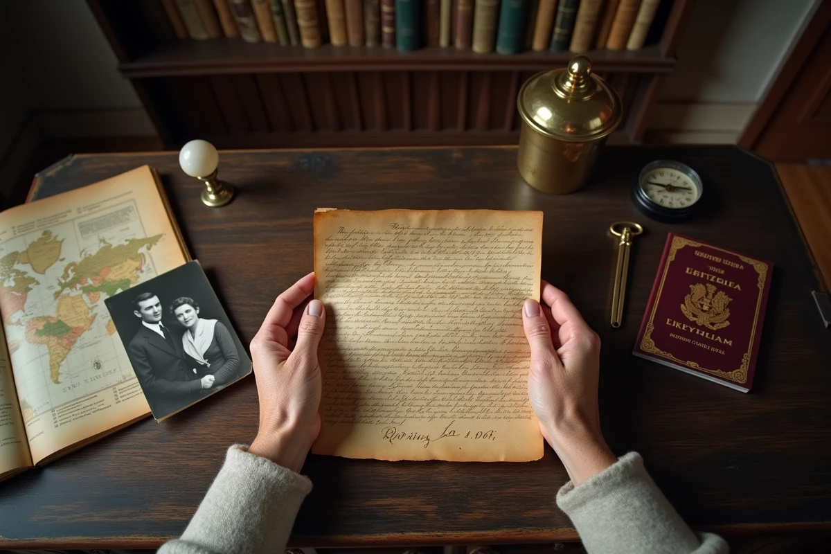 Mains de personne âgée dépliant un document généalogique ancien sur un bureau en bois avec passeport et photos noir et blanc, illustrant la recherche des origines de Jules Torres