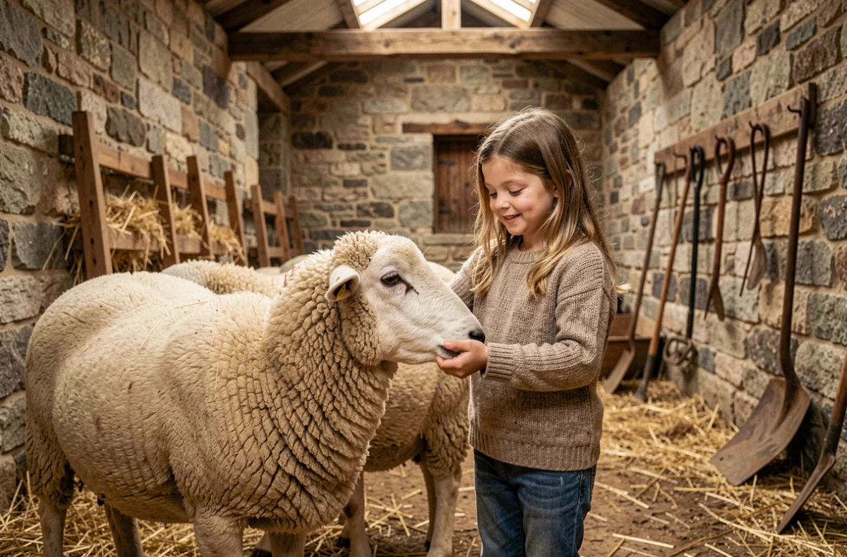 Une fillette caresse un mouton breton dans une grange traditionnelle à l'Écomusée de la Bintinais à Rennes