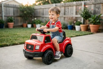 Petit garçon conduisant un camion électrique jouet rouge dans un jardin de maison pavillonnaire