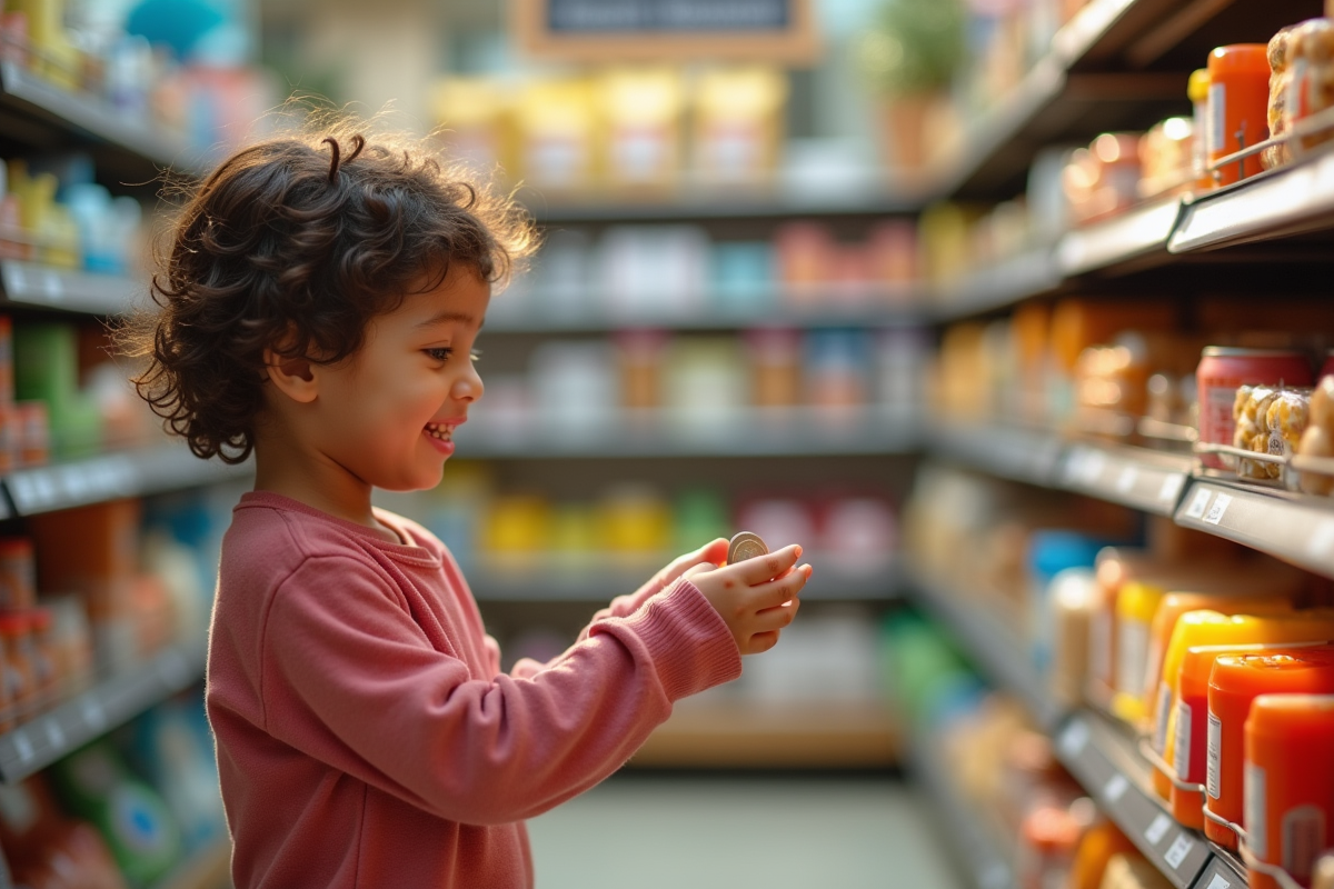 Enfant choisissant un snack dans une épicerie