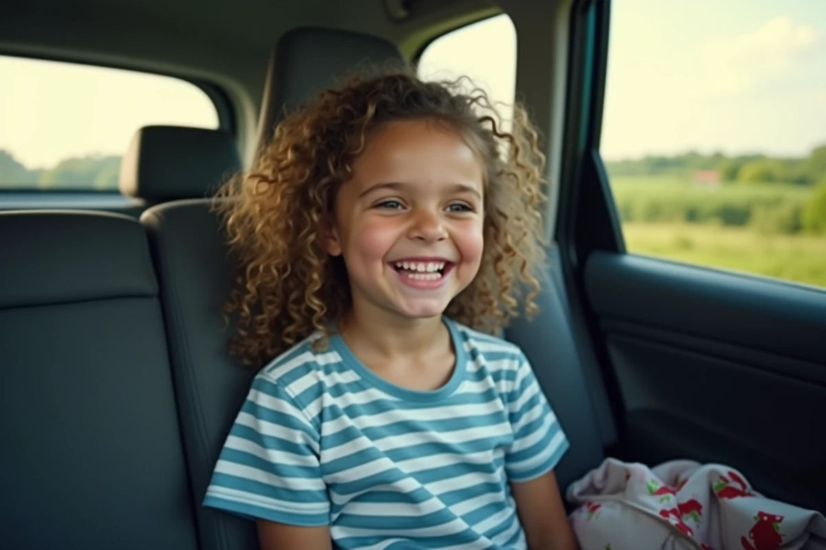 Petite fille souriante dans une voiture pendant un trajet en famille, jouant à des devinettes