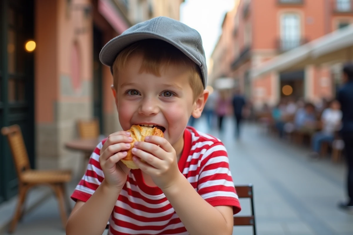 Enfant dégustant un pain au chocolat en terrasse place du Capitole à Toulouse
