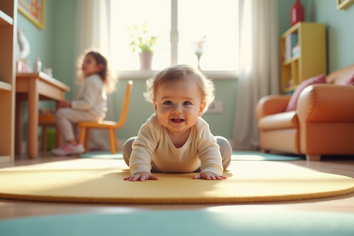 Enfant joue en toute securite sur tapis dans une creche lumineuse
