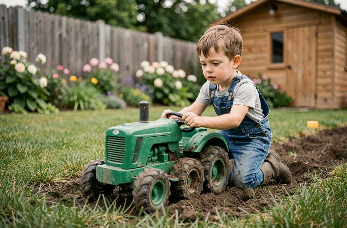 Enfant jouant avec un tracteur jouet en plastique vert dans un jardin, agenouillé dans l'herbe en salopette en jean, détails réalistes du jouet agricole