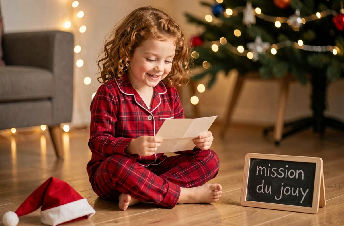 Petite fille en pyjama de Noël lisant une lettre de lutin avec une expression émerveillée dans un salon décoré
