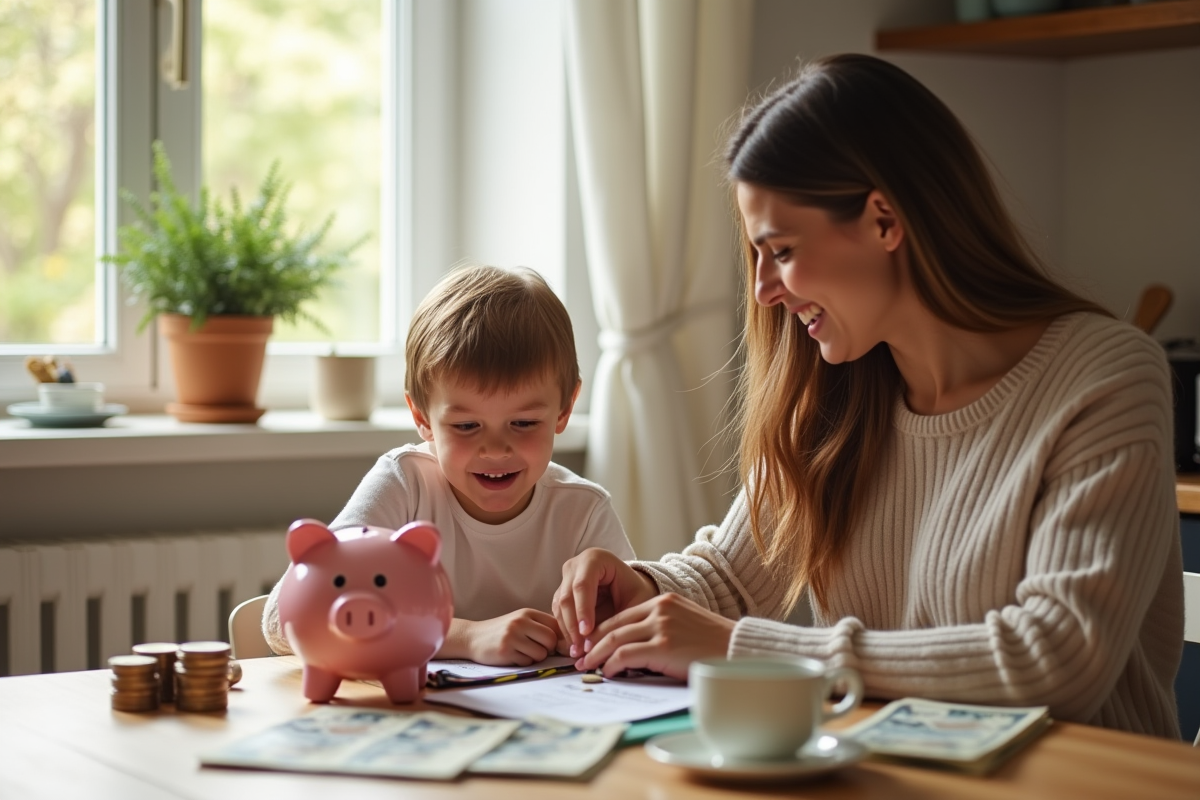 Enfant et parent comptant de l'argent à la maison