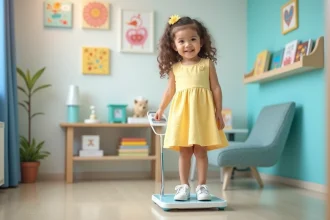 Fille de 4 ans sur une balance pédiatrique dans une clinique