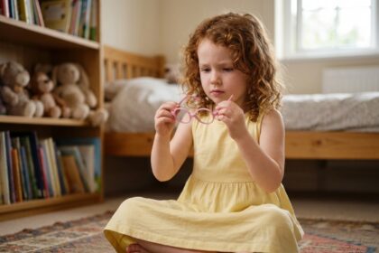 Petite fille de 6 ans tenant ses lunettes roses avec une expression hésitante, assise sur un tapis coloré dans sa chambre