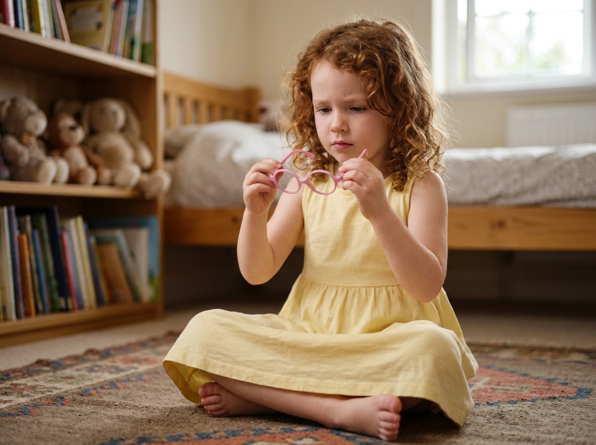 Petite fille de 6 ans tenant ses lunettes roses avec une expression hésitante, assise sur un tapis coloré dans sa chambre