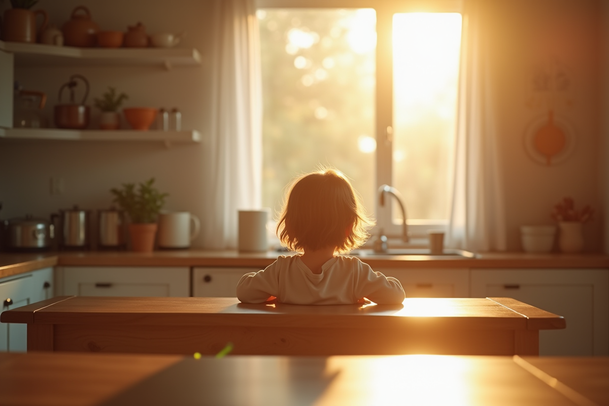 Jeune enfant seul à la table de cuisine lumineuse
