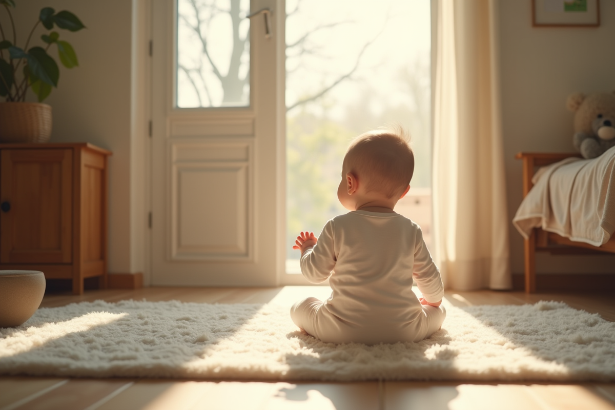 Bébé assis sur un tapis dans un salon lumineux regardant la porte du nursery