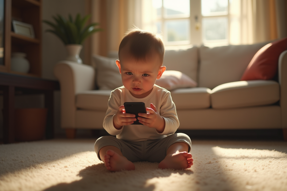 Jeune enfant tenant un téléphone dans un salon chaleureux