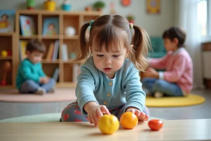 Jeune enfant de deux ans joue dans une crèche colorée