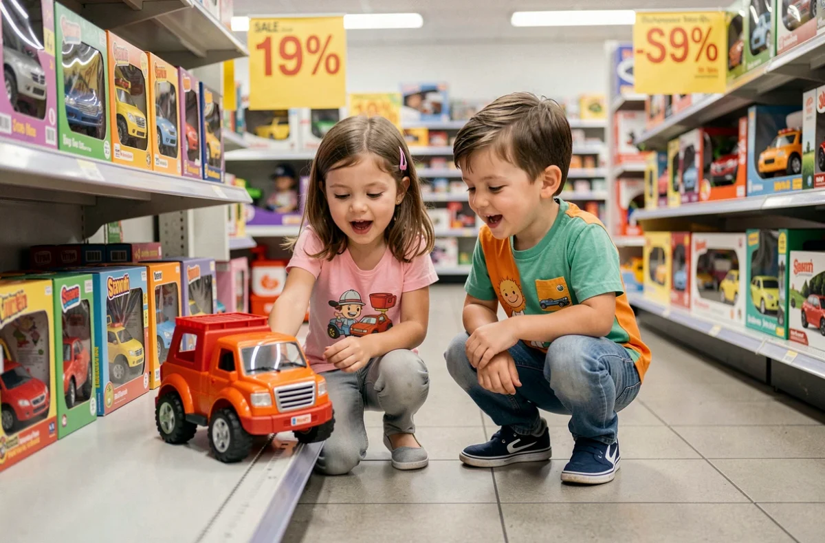 Deux enfants découvrant un camion électrique jouet en rayon de magasin de jouets pendant une période de soldes