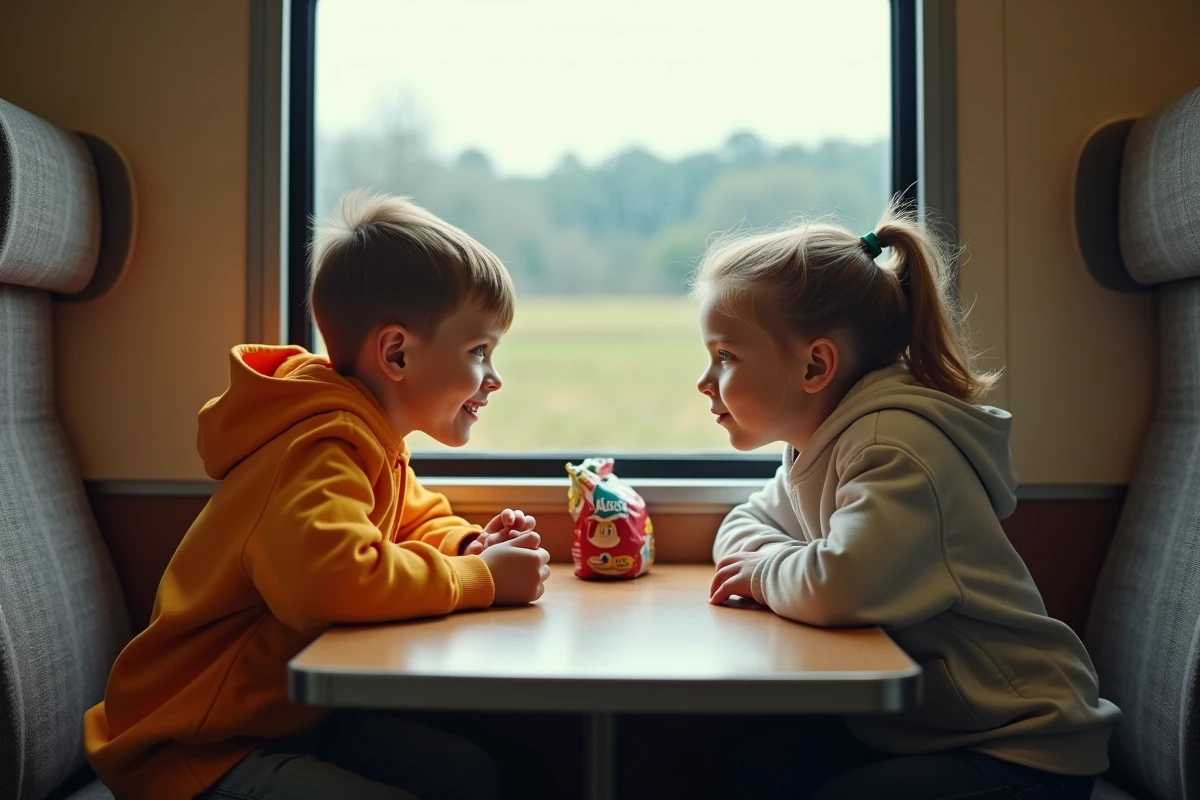 Deux enfants jouant à des devinettes dans un compartiment de train lors d'un long voyage