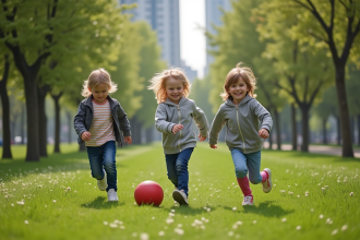 Trois enfants jouent avec un ballon dans un parc urbain