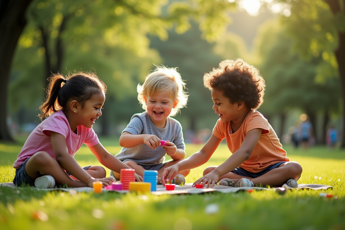 Groupe d'enfants jouant dans un parc ensoleille avec des grands arbres