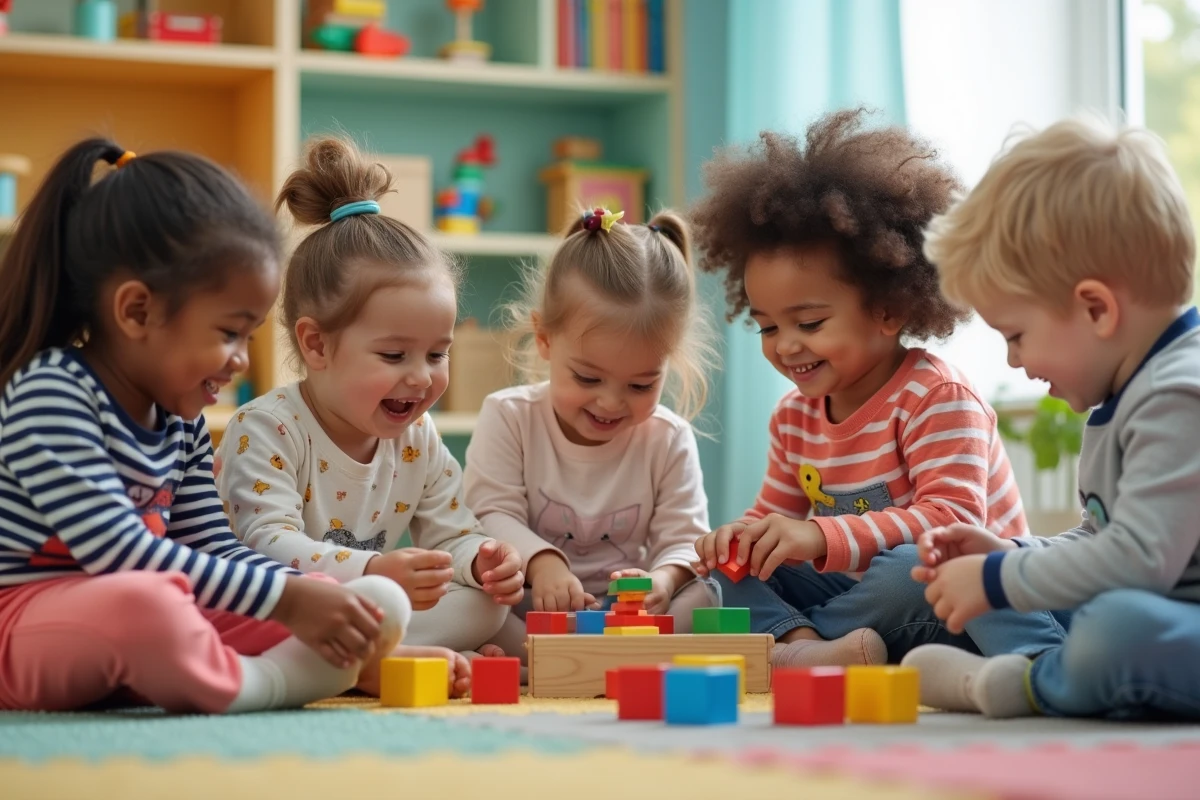 Groupe d'enfants jouant avec un puzzle en bois dans une salle colorée