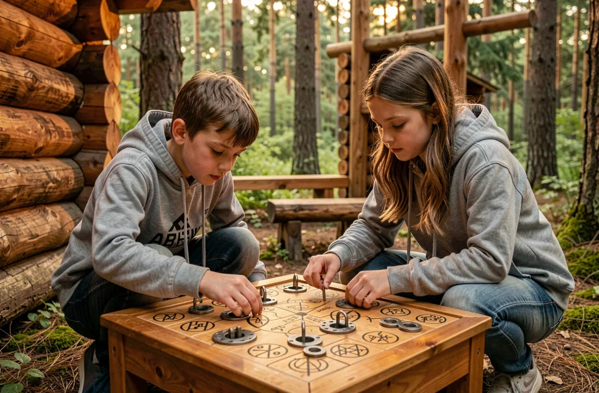 Enfants résolvant des énigmes dans un parc d'escape game en plein air à Enigmaparc