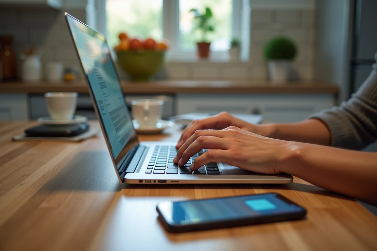 Mains tapant sur un ordinateur portable avec smartphone visible, symbolisant l'enquête sur la vie privée en ligne
