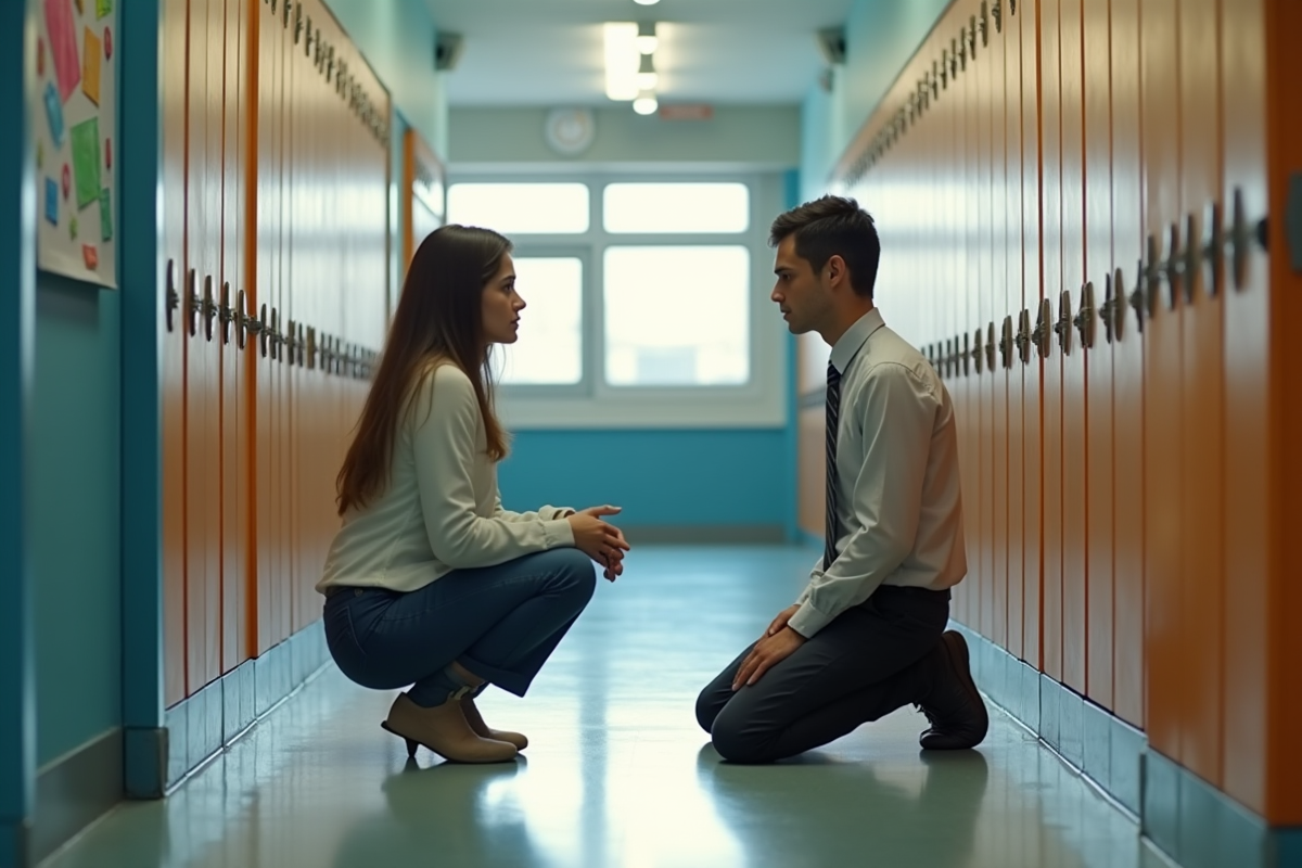 Enseignant parle calmement avec un eleve en coller ensoleille