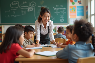 Femme guide un groupe d'enfants en classe colorée