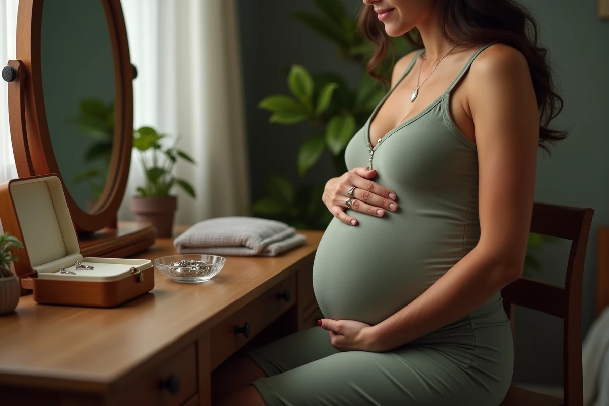 Femme enceinte assise devant une coiffeuse en bois tenant délicatement un bola de grossesse en argent, avec une boîte à bijoux en velours ivoire sur la table