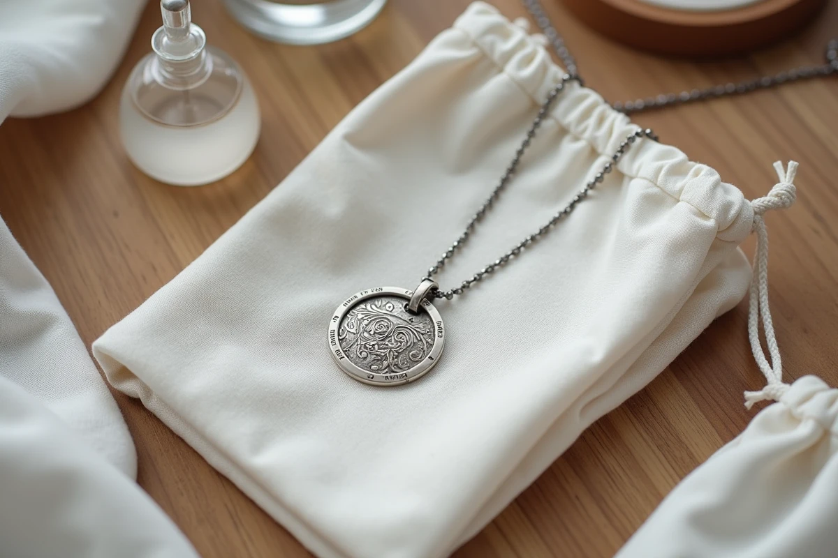 Flat lay d'un bola de grossesse en argent posé sur du tissu en coton biologique avec des accessoires d'entretien pour bijoux en argent sur une surface en chêne clair