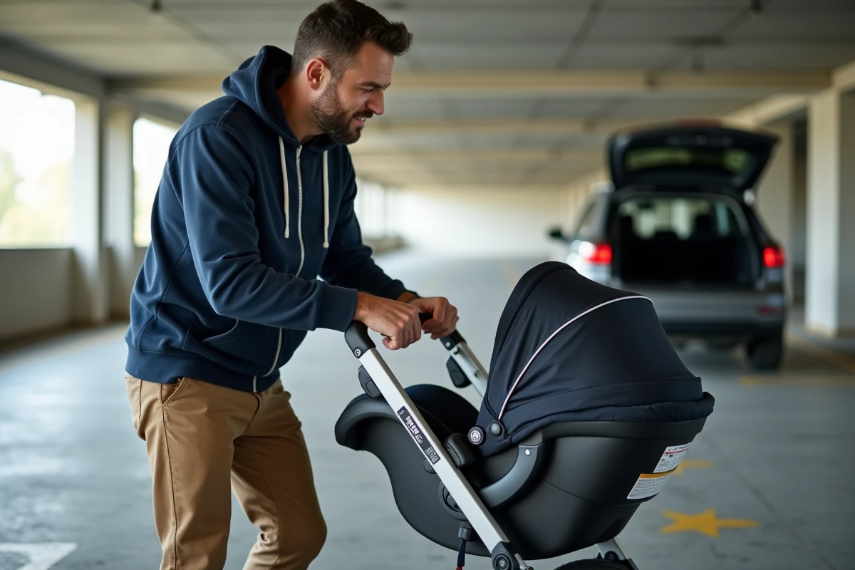 Père tentant d'adapter un siège auto sur une poussette 4 en 1 dans un parking intérieur