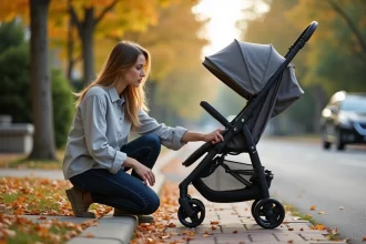 Maman inspectant le mécanisme de pliage d'une poussette 4 en 1 sur un trottoir résidentiel en automne