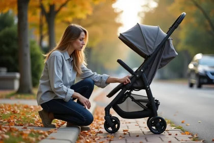 Maman inspectant le mécanisme de pliage d'une poussette 4 en 1 sur un trottoir résidentiel en automne