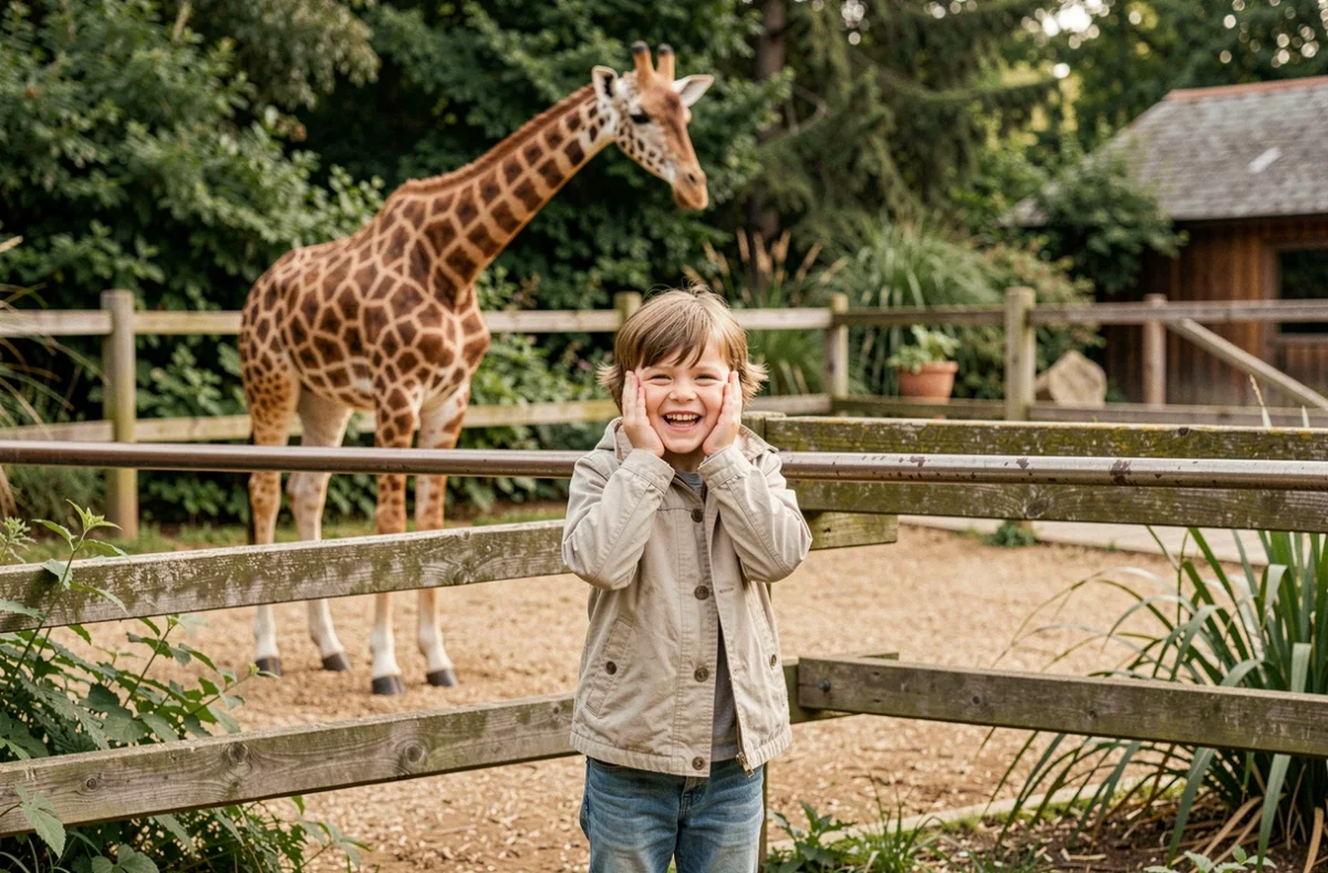 Enfant admirant une girafe à l'Espace Zoologique de Saint-Martin-la-Plaine