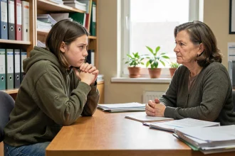 Jeune étudiante précaire en entretien avec une assistante sociale dans un bureau de service public