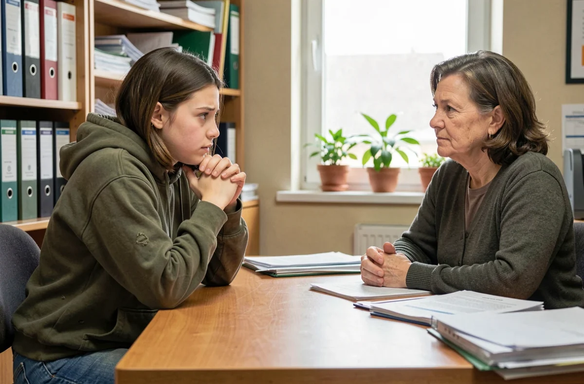 Jeune étudiante précaire en entretien avec une assistante sociale dans un bureau de service public