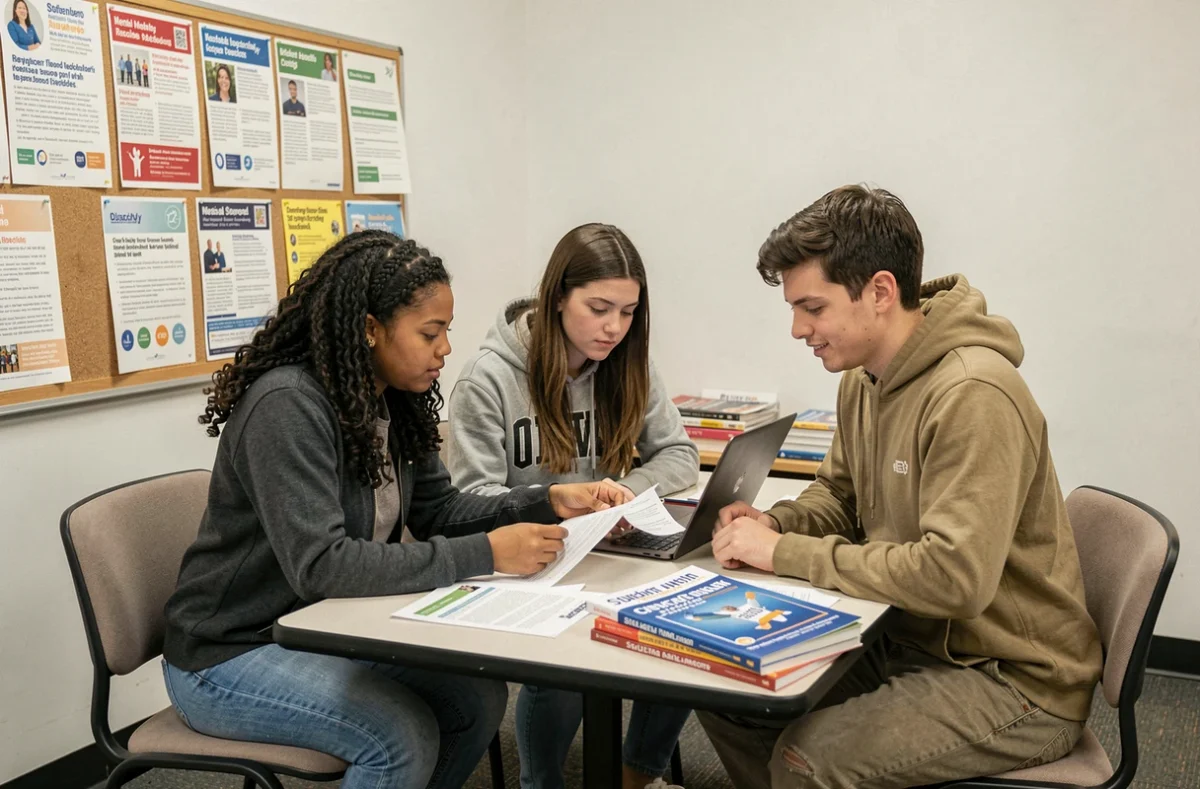 Groupe de jeunes étudiants consultant des ressources d'aide sociale dans un local universitaire