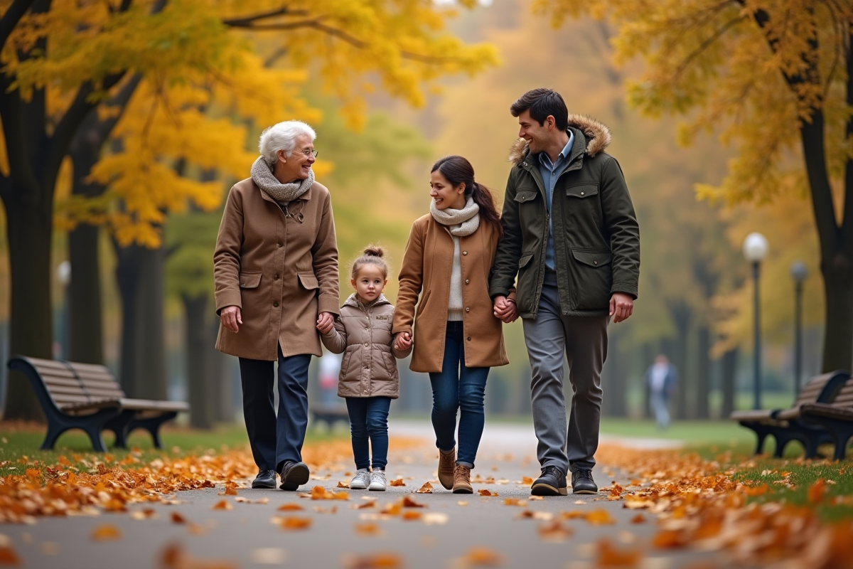 Trois generations se promènent dans un parc automnal