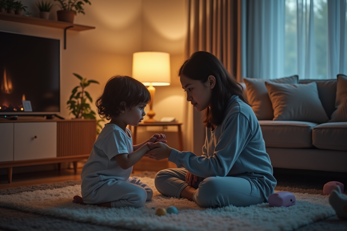 Famille disant bonne nuit dans un salon apaisant