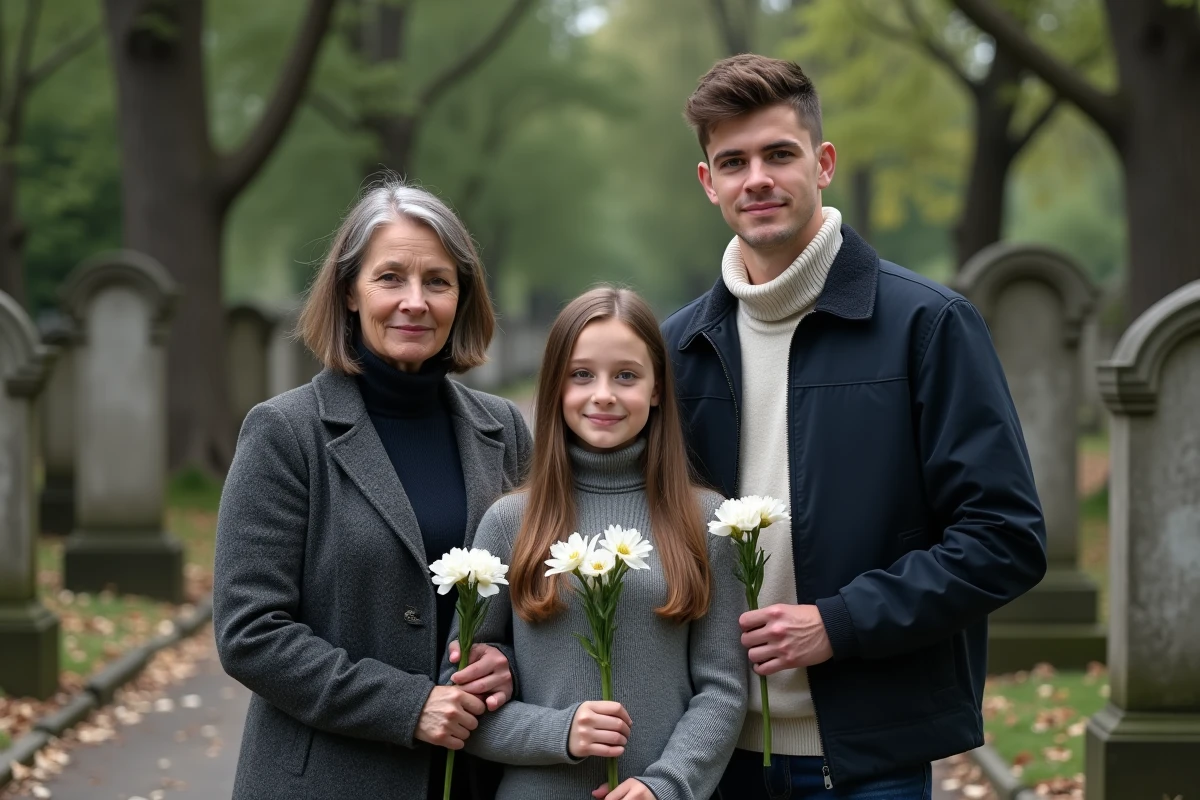 Famille réunie au cimetière pour l'anniversaire du décès d'un père et grand-père