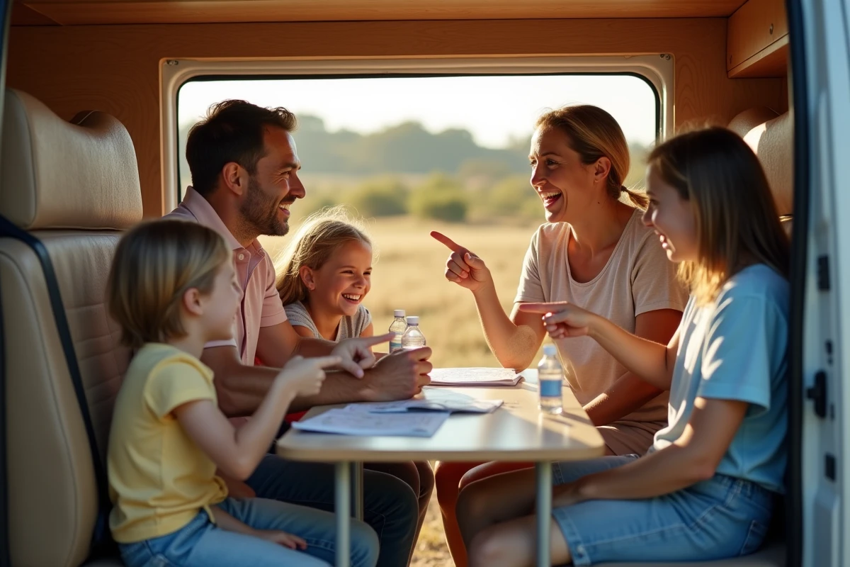 Famille jouant à des devinettes ensemble dans un camping-car lors d'un arrêt pendant un voyage