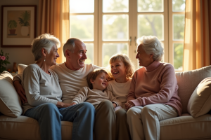 Famille multigenerations assise sur un canapé lumineux